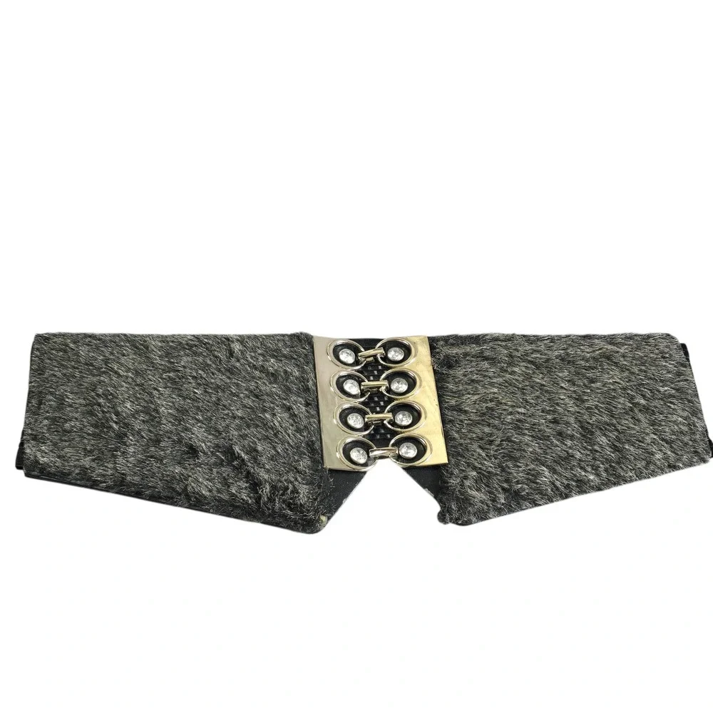 Womens Grey Faux Fur Wide Cinch Belt Silver Rhinestone Buckle Elastic Mesh Back
